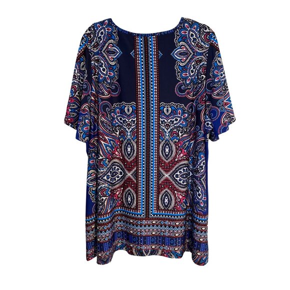 Roz & Ali 2X Womens Tunic Boho Paisley Short Sleeve Long Line Oversized Top - Picture 2 of 11